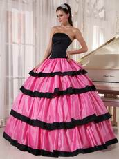 Rose Pink Layers Skirt With Black Bordure Quinceanera Dresses Gowns