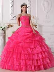 Hot Pink Organza Cascade Gangnam Style Quinceanera Dress
