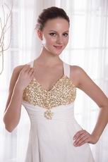 New Style Cross Back White Prom Dress With Golden Pearl