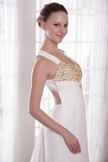 New Style Cross Back White Prom Dress With Golden Pearl