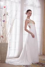 New Style Cross Back White Prom Dress With Golden Pearl