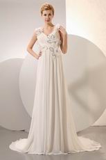 Modest V-Neck Flowers Sequin Ruched Wedding Party Dress