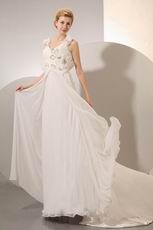 Modest V-Neck Flowers Sequin Ruched Wedding Party Dress