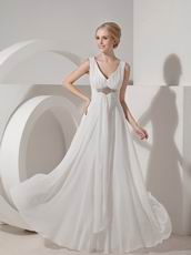 V-neck Empire Waist Ivory Chiffon 2014 Prom Wear Dress