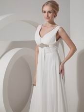 V-neck Empire Waist Ivory Chiffon 2014 Prom Wear Dress