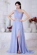 One Shoulder Beading A-line Lavender Chiffon Prom Dress With Split