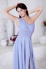 One Shoulder Beading A-line Lavender Chiffon Prom Dress With Split