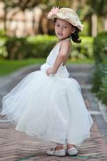Halter V Neck Beading Belt Ankle Length Tulle Toddler Flower Girl Dress