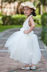 Halter V Neck Beading Belt Ankle Length Tulle Toddler Flower Girl Dress