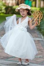 Halter V Neck Beading Belt Ankle Length Tulle Toddler Flower Girl Dress