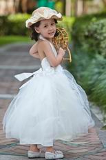 Halter V Neck Beading Belt Ankle Length Tulle Toddler Flower Girl Dress