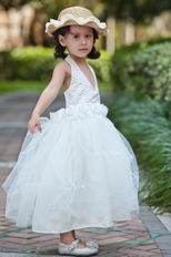 Halter V Neck Beading Belt Ankle Length Tulle Toddler Flower Girl Dress