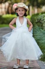 Halter V Neck Beading Belt Ankle Length Tulle Toddler Flower Girl Dress