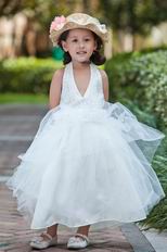 Halter V Neck Beading Belt Ankle Length Tulle Toddler Flower Girl Dress