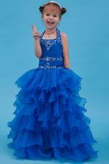 Cute Halter Embroidery Royal Blue Organza Flower Girl Dreses For Sale