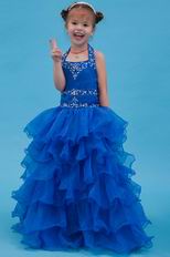 Cute Halter Embroidery Royal Blue Organza Flower Girl Dreses For Sale