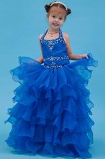 Cute Halter Embroidery Royal Blue Organza Flower Girl Dreses For Sale