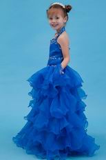 Cute Halter Embroidery Royal Blue Organza Flower Girl Dreses For Sale