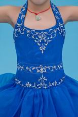 Cute Halter Embroidery Royal Blue Organza Flower Girl Dreses For Sale