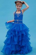 Cute Halter Embroidery Royal Blue Organza Flower Girl Dreses For Sale
