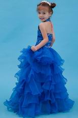 Cute Halter Embroidery Royal Blue Organza Flower Girl Dreses For Sale