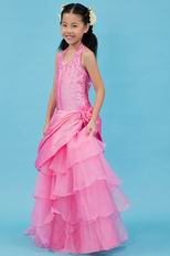 Lovely Halter Beading Layers Pink Taffeta Organza Flower Girl Dresses