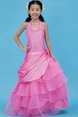 Lovely Halter Beading Layers Pink Taffeta Organza Flower Girl Dresses