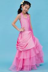 Lovely Halter Beading Layers Pink Taffeta Organza Flower Girl Dresses