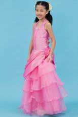 Lovely Halter Beading Layers Pink Taffeta Organza Flower Girl Dresses