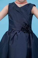 Navy Blue V-Neck Rosette A-line Wedding Flower Girl Dresses