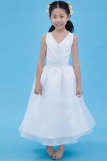 Wholesale V-Neck Embroidery White Ankle Length Flower Girl Dress