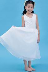 Wholesale V-Neck Embroidery White Ankle Length Flower Girl Dress