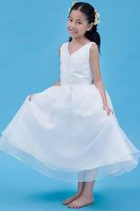 Wholesale V-Neck Embroidery White Ankle Length Flower Girl Dress