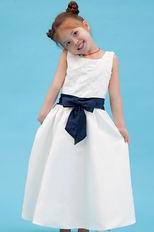 Vintage Scoop Appliques Navy Blue Belt Infant Flower Girl Dress