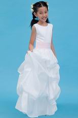 Cute Scopp Pink Belt Bubble White Taffeta Flower Girl Dress