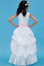 Cute Scopp Pink Belt Bubble White Taffeta Flower Girl Dress