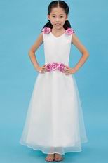 Cheap V-Neck Pink Flowers A-line Wedding Flower Girl Dresses