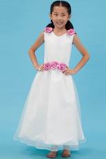 Cheap V-Neck Pink Flowers A-line Wedding Flower Girl Dresses