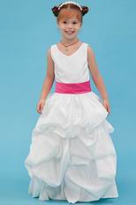 Simple V-Neck Rose Pink Belt Bubble Baby Flower Girl Dress