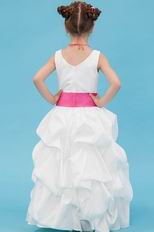 Simple V-Neck Rose Pink Belt Bubble Baby Flower Girl Dress