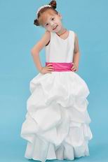 Simple V-Neck Rose Pink Belt Bubble Baby Flower Girl Dress