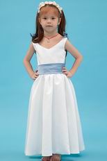 Beautiful V-Neck Belt Flower A Line White Stain Flower Girl Dress