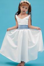 Beautiful V-Neck Belt Flower A Line White Stain Flower Girl Dress