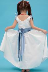 Beautiful V-Neck Belt Flower A Line White Stain Flower Girl Dress