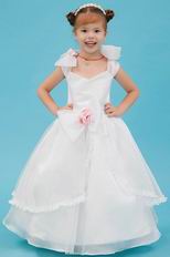 Unique Bow Straps Flowers Embellish White Organza Flower Girl Dress