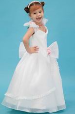 Unique Bow Straps Flowers Embellish White Organza Flower Girl Dress