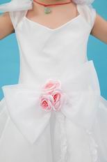 Unique Bow Straps Flowers Embellish White Organza Flower Girl Dress