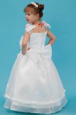 Unique Bow Straps Flowers Embellish White Organza Flower Girl Dress