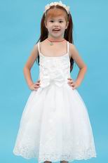 Cute Spaghetti Straps Bow Appliques White Organza Flower Girl Dress