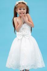 Cute Spaghetti Straps Bow Appliques White Organza Flower Girl Dress